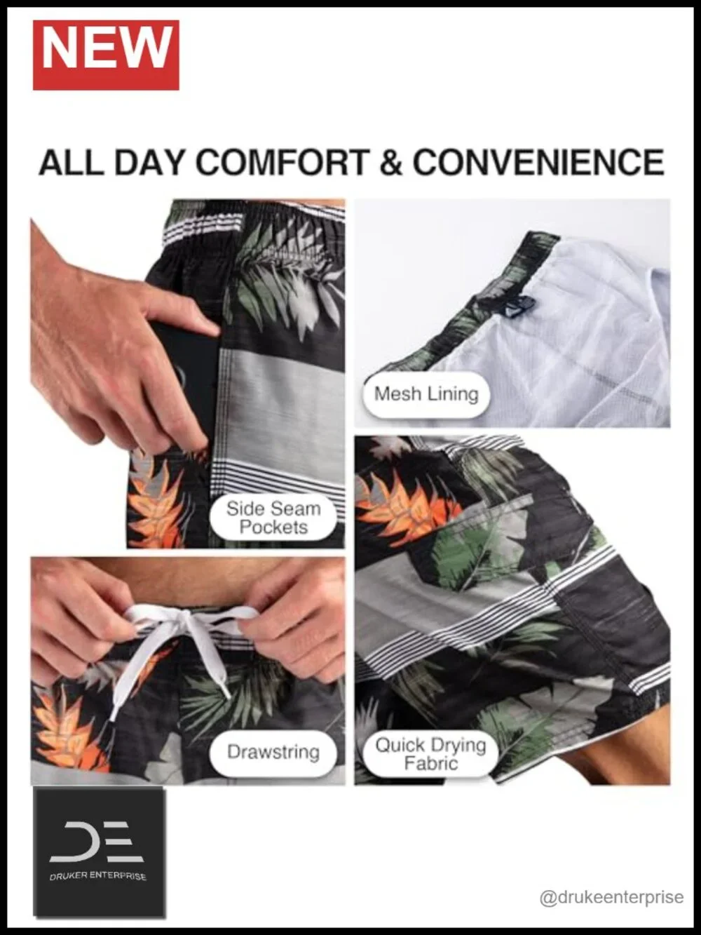 UPF 50 Quick Dry Swim Trunks with Pockets and Mesh Lining